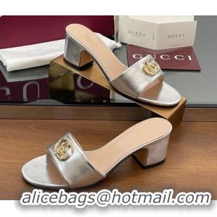 Popular Style Gucci Leather Heel Slides Sandal 5cm with Strass Double G Silver 2025 GG042301