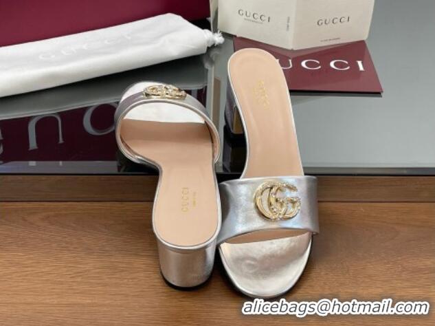 Popular Style Gucci Leather Heel Slides Sandal 5cm with Strass Double G Silver 2025 GG042301