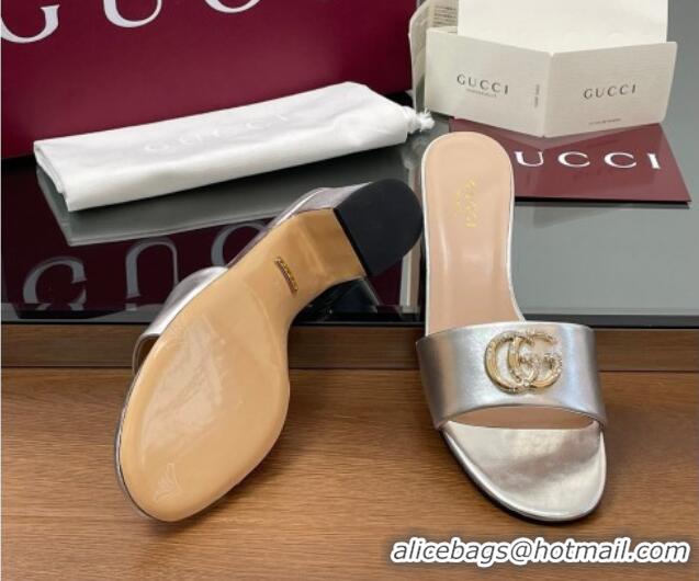 Popular Style Gucci Leather Heel Slides Sandal 5cm with Strass Double G Silver 2025 GG042301