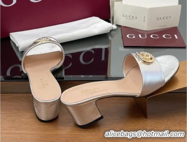 Popular Style Gucci Leather Heel Slides Sandal 5cm with Strass Double G Silver 2025 GG042301