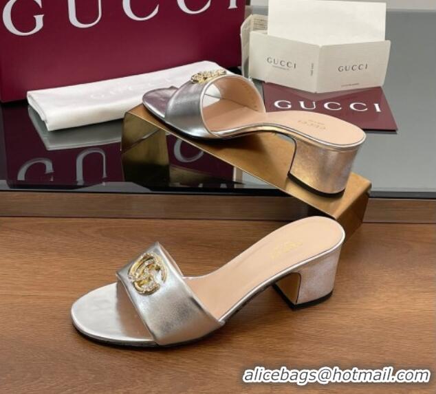 Popular Style Gucci Leather Heel Slides Sandal 5cm with Strass Double G Silver 2025 GG042301