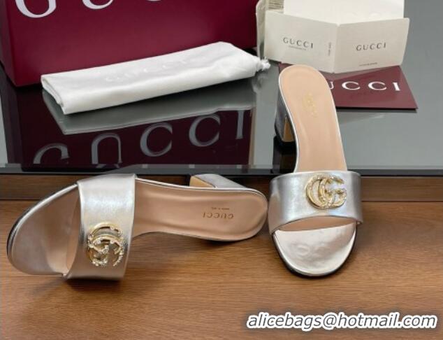 Popular Style Gucci Leather Heel Slides Sandal 5cm with Strass Double G Silver 2025 GG042301