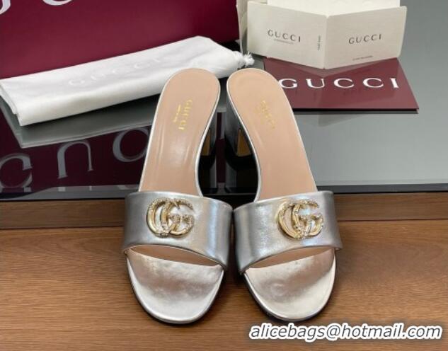 Popular Style Gucci Leather Heel Slides Sandal 5cm with Strass Double G Silver 2025 GG042301