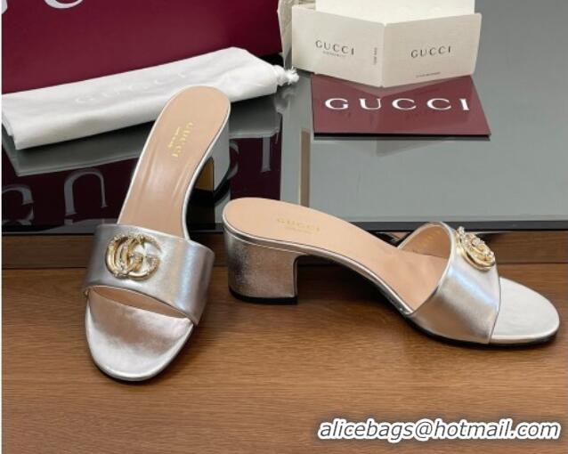 Popular Style Gucci Leather Heel Slides Sandal 5cm with Strass Double G Silver 2025 GG042301
