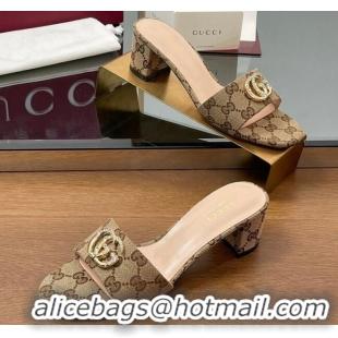 Top Design Gucci GG Canvas Heel Slides Sandal 5cm with Strass Double G Beige 2025 GG042301
