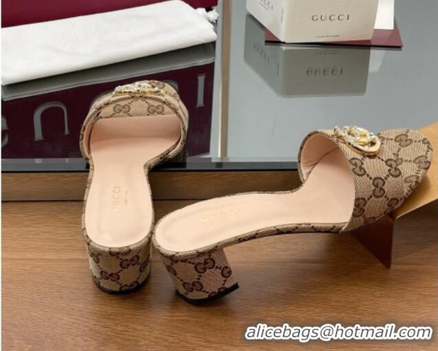 Top Design Gucci GG Canvas Heel Slides Sandal 5cm with Strass Double G Beige 2025 GG042301