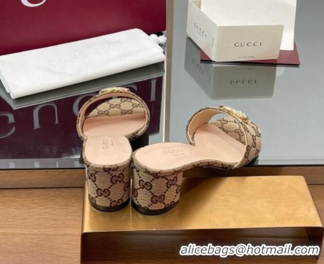 Top Design Gucci GG Canvas Heel Slides Sandal 5cm with Strass Double G Beige 2025 GG042301