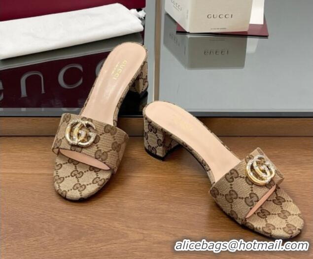 Top Design Gucci GG Canvas Heel Slides Sandal 5cm with Strass Double G Beige 2025 GG042301