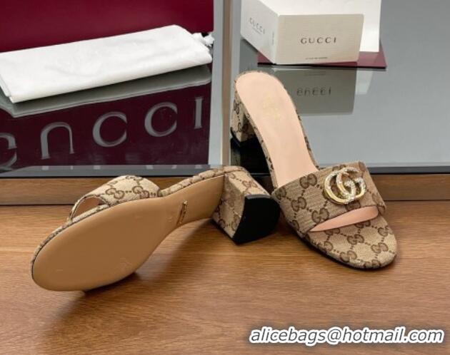 Top Design Gucci GG Canvas Heel Slides Sandal 5cm with Strass Double G Beige 2025 GG042301