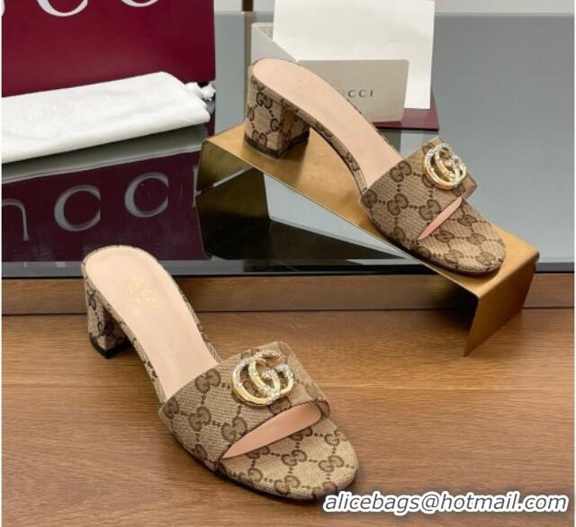 Top Design Gucci GG Canvas Heel Slides Sandal 5cm with Strass Double G Beige 2025 GG042301