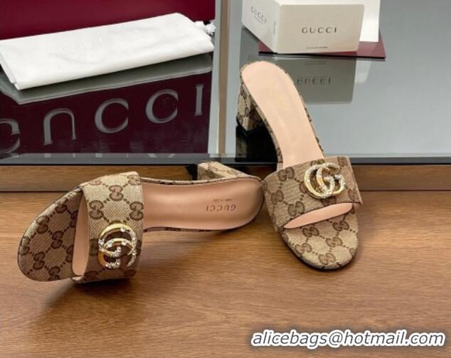 Top Design Gucci GG Canvas Heel Slides Sandal 5cm with Strass Double G Beige 2025 GG042301