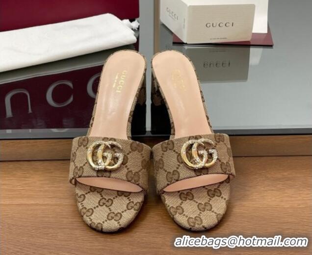 Top Design Gucci GG Canvas Heel Slides Sandal 5cm with Strass Double G Beige 2025 GG042301