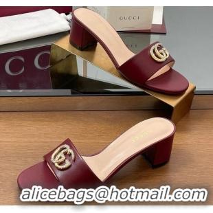 Buy Luxury Gucci Leather Heel Slides Sandal 5cm with Strass Double G Dark Burgundy 2025 GG042301