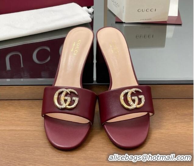 Buy Luxury Gucci Leather Heel Slides Sandal 5cm with Strass Double G Dark Burgundy 2025 GG042301