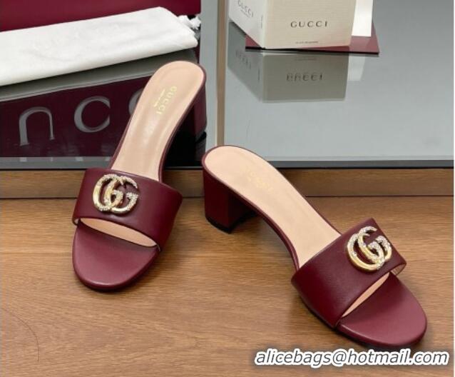 Buy Luxury Gucci Leather Heel Slides Sandal 5cm with Strass Double G Dark Burgundy 2025 GG042301