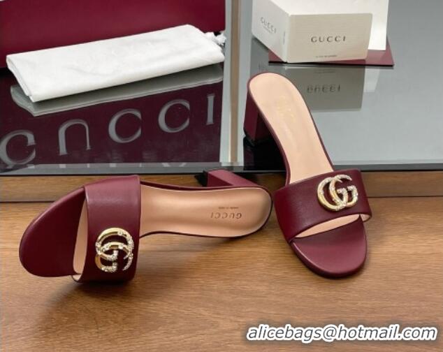 Buy Luxury Gucci Leather Heel Slides Sandal 5cm with Strass Double G Dark Burgundy 2025 GG042301