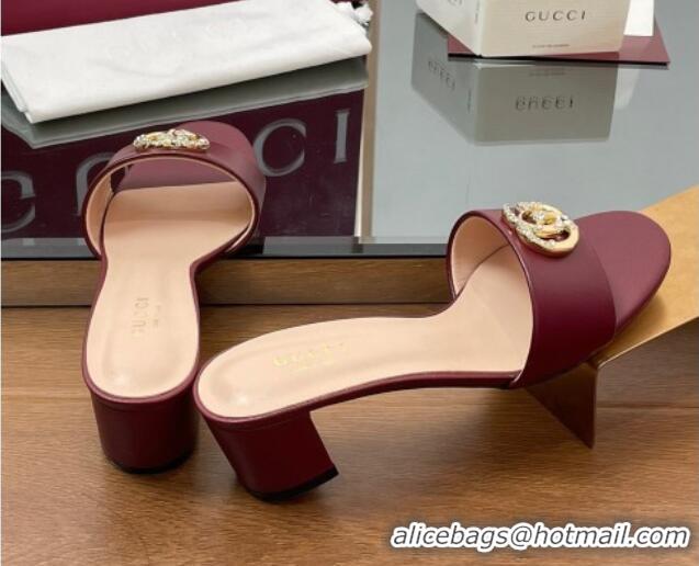 Buy Luxury Gucci Leather Heel Slides Sandal 5cm with Strass Double G Dark Burgundy 2025 GG042301