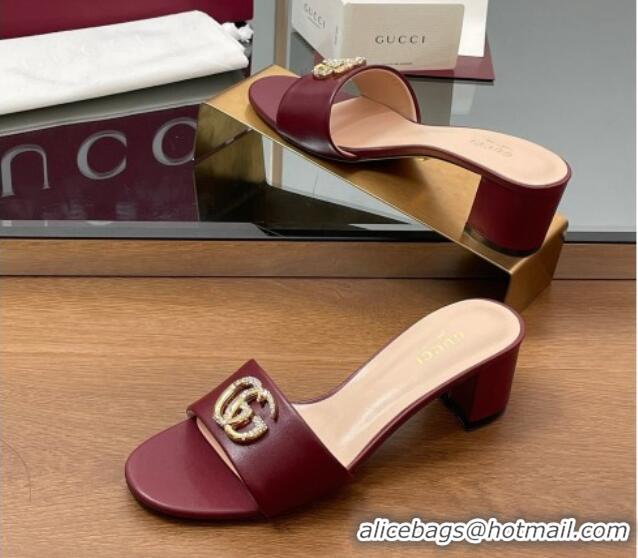 Buy Luxury Gucci Leather Heel Slides Sandal 5cm with Strass Double G Dark Burgundy 2025 GG042301