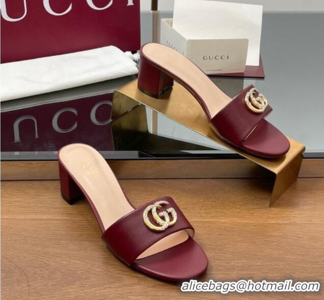 Buy Luxury Gucci Leather Heel Slides Sandal 5cm with Strass Double G Dark Burgundy 2025 GG042301