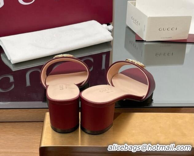 Buy Luxury Gucci Leather Heel Slides Sandal 5cm with Strass Double G Dark Burgundy 2025 GG042301