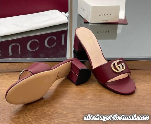 Buy Luxury Gucci Leather Heel Slides Sandal 5cm with Strass Double G Dark Burgundy 2025 GG042301