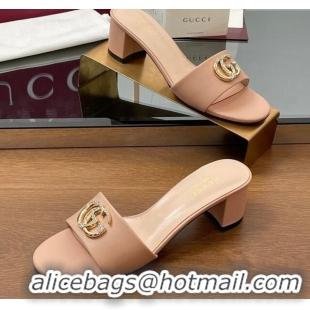 Cheap Price Gucci Leather Heel Slides Sandal 5cm with Strass Double G Light Pink 2025 GG042301