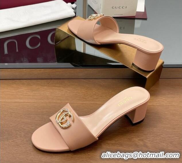 Cheap Price Gucci Leather Heel Slides Sandal 5cm with Strass Double G Light Pink 2025 GG042301