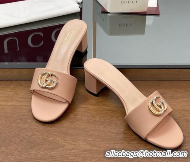 Cheap Price Gucci Leather Heel Slides Sandal 5cm with Strass Double G Light Pink 2025 GG042301