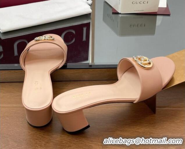Cheap Price Gucci Leather Heel Slides Sandal 5cm with Strass Double G Light Pink 2025 GG042301