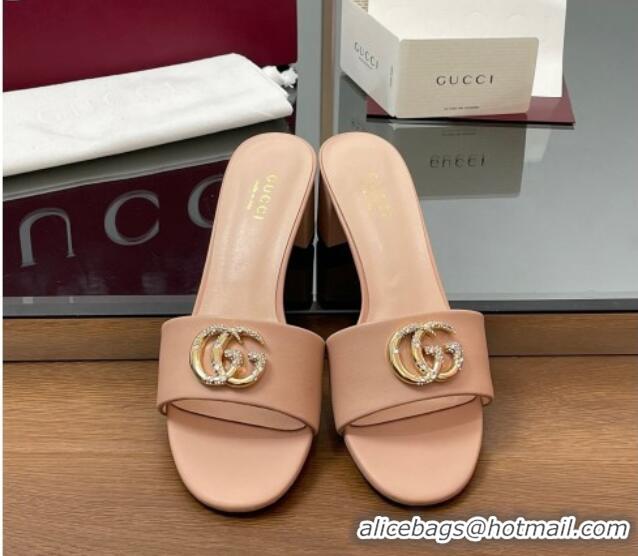 Cheap Price Gucci Leather Heel Slides Sandal 5cm with Strass Double G Light Pink 2025 GG042301