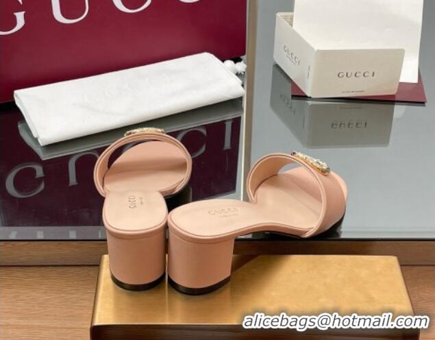 Cheap Price Gucci Leather Heel Slides Sandal 5cm with Strass Double G Light Pink 2025 GG042301