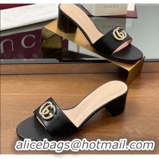 Stylish Gucci Leather Heel Slides Sandal 5cm with Strass Double G Black 2025 GG042301