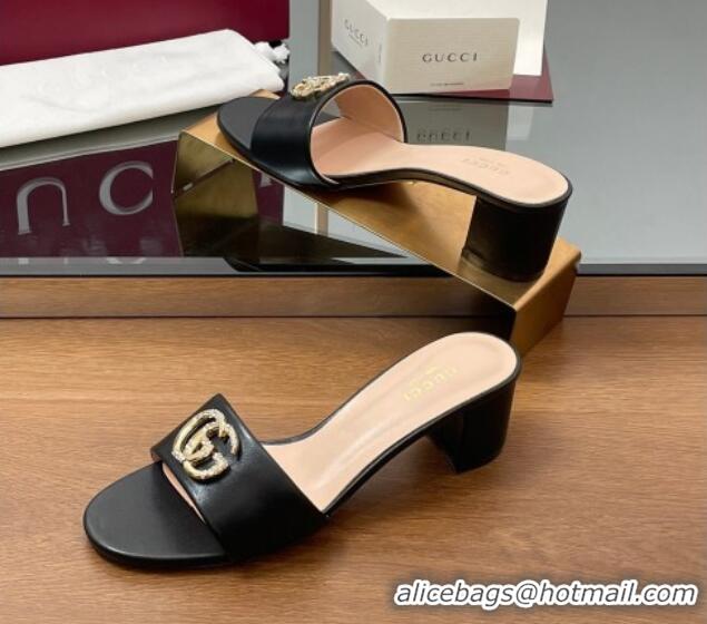 Stylish Gucci Leather Heel Slides Sandal 5cm with Strass Double G Black 2025 GG042301