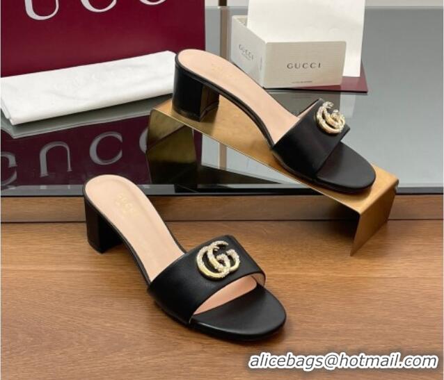 Stylish Gucci Leather Heel Slides Sandal 5cm with Strass Double G Black 2025 GG042301