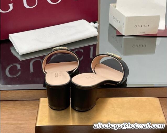 Stylish Gucci Leather Heel Slides Sandal 5cm with Strass Double G Black 2025 GG042301