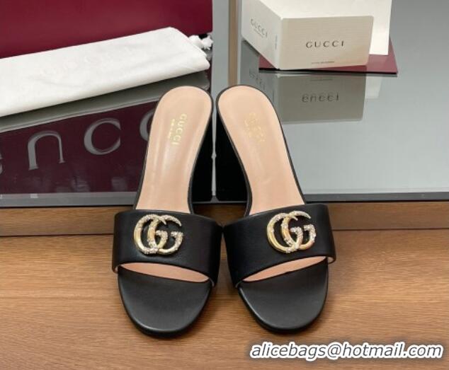 Stylish Gucci Leather Heel Slides Sandal 5cm with Strass Double G Black 2025 GG042301