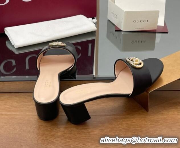 Stylish Gucci Leather Heel Slides Sandal 5cm with Strass Double G Black 2025 GG042301
