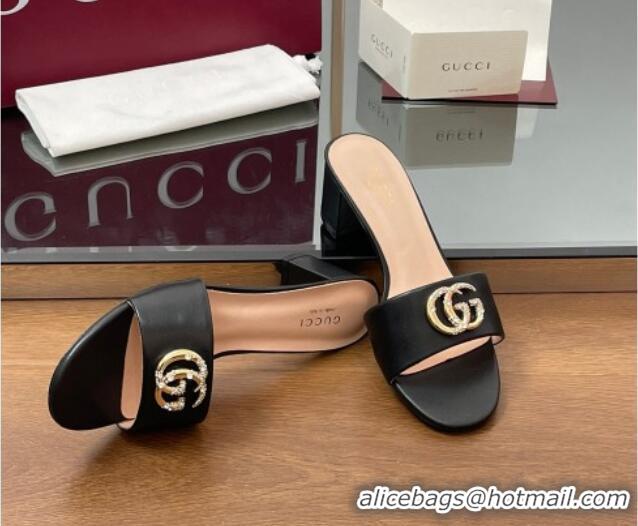 Stylish Gucci Leather Heel Slides Sandal 5cm with Strass Double G Black 2025 GG042301