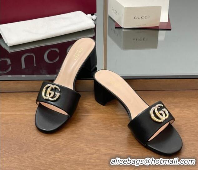 Stylish Gucci Leather Heel Slides Sandal 5cm with Strass Double G Black 2025 GG042301