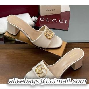 Shop Duplicate Gucci Leather Heel Slides Sandal 5cm with Strass Double G White 2025 GG042301