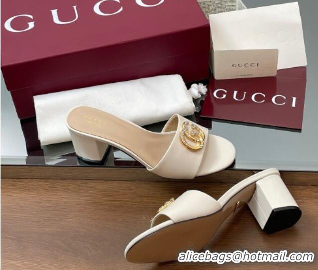 Shop Duplicate Gucci Leather Heel Slides Sandal 5cm with Strass Double G White 2025 GG042301