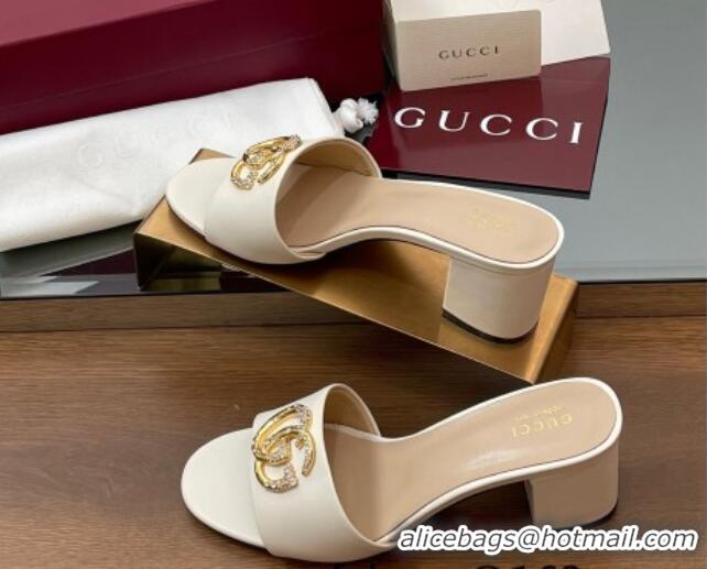 Shop Duplicate Gucci Leather Heel Slides Sandal 5cm with Strass Double G White 2025 GG042301