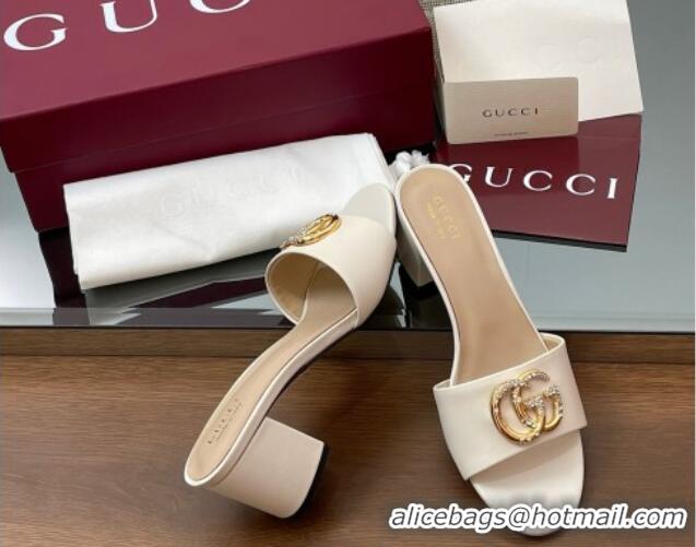Shop Duplicate Gucci Leather Heel Slides Sandal 5cm with Strass Double G White 2025 GG042301