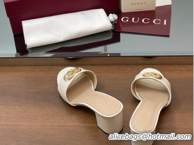 Shop Duplicate Gucci Leather Heel Slides Sandal 5cm with Strass Double G White 2025 GG042301