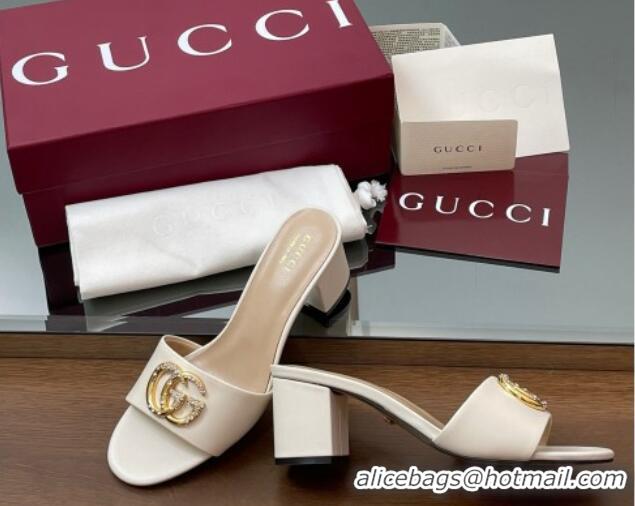 Shop Duplicate Gucci Leather Heel Slides Sandal 5cm with Strass Double G White 2025 GG042301