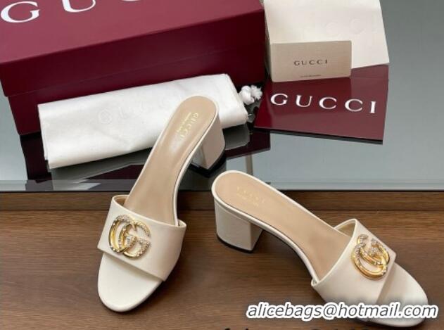 Shop Duplicate Gucci Leather Heel Slides Sandal 5cm with Strass Double G White 2025 GG042301