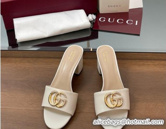 Shop Duplicate Gucci Leather Heel Slides Sandal 5cm with Strass Double G White 2025 GG042301