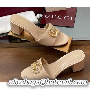 Big Discount Gucci Leather Heel Slides Sandal 5cm with Strass Double G Beige 2025 GG042301