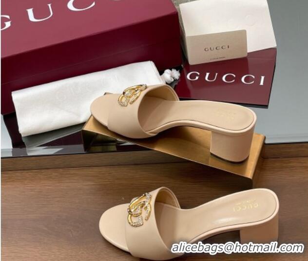 Big Discount Gucci Leather Heel Slides Sandal 5cm with Strass Double G Beige 2025 GG042301