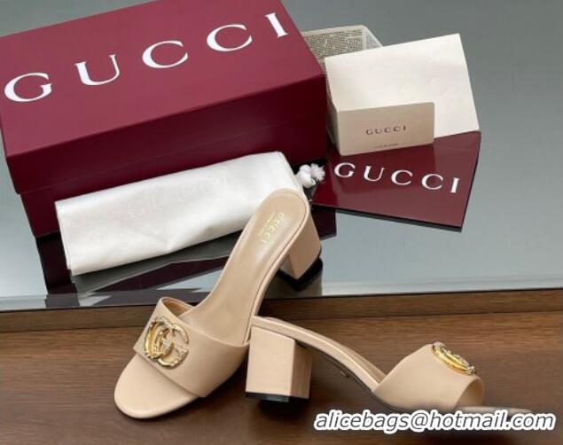 Big Discount Gucci Leather Heel Slides Sandal 5cm with Strass Double G Beige 2025 GG042301
